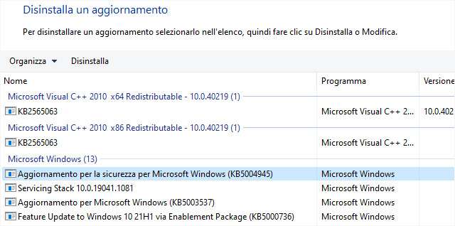 Windows 10: come disinstallare l'aggiornamento KB5004945