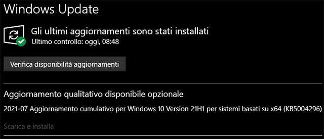 L'aggiornamento KB5004296 per Windows 10