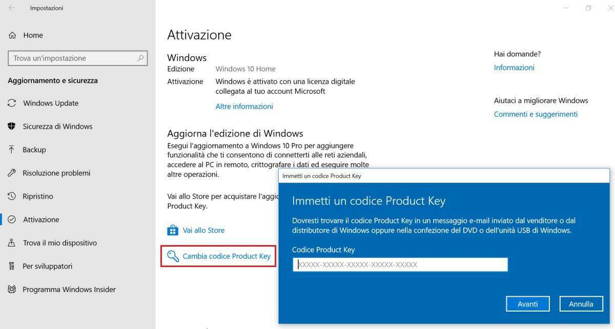 Attivazione Windows con codice licenza