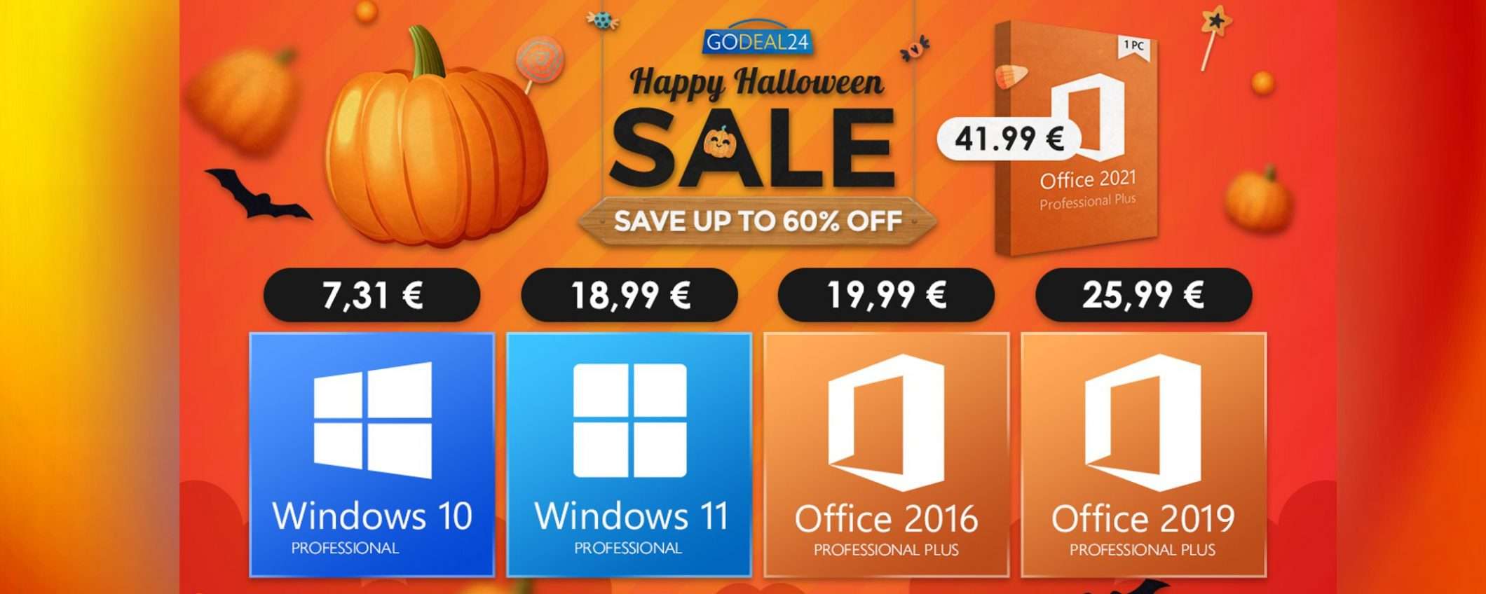 Halloween, saldi GoDeal24: Win10 Pro 7,31€, software -60%