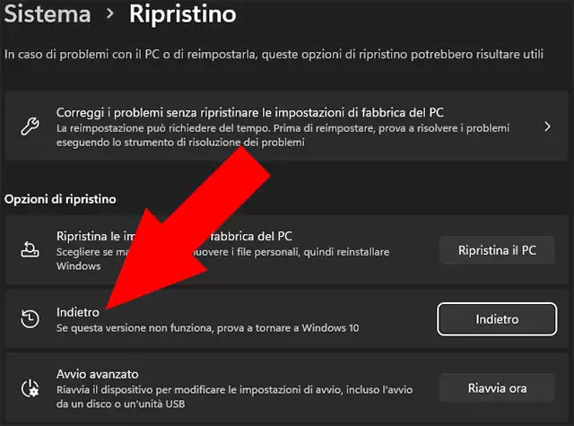 L'opzione Indietro per tornare da Windows 11 a Windows 10