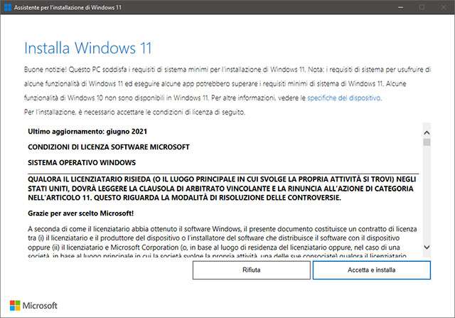 L'assistente per l'installazione di Windows 11