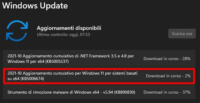 L'aggiornamento cumulativo KB5006674 per Windows 11