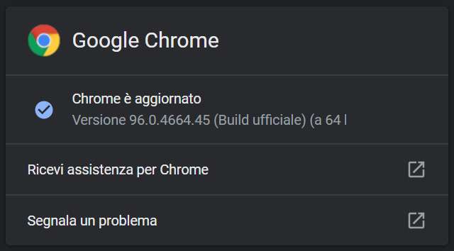 L'aggiornamento del browser Google Chrome (Stable) alla versione 96