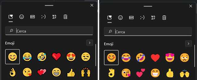 I nuovi emoji di Windows 11 in Fluent Design (a destra)