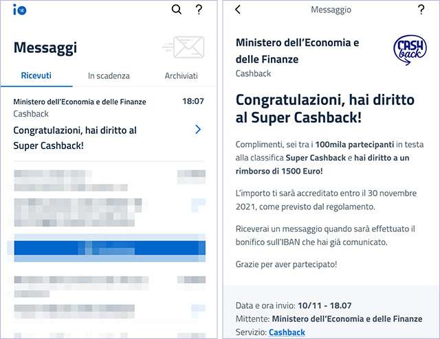 Dall'applicazione IO la conferma a chi ha vinto il Super Cashback da 1.500 euro