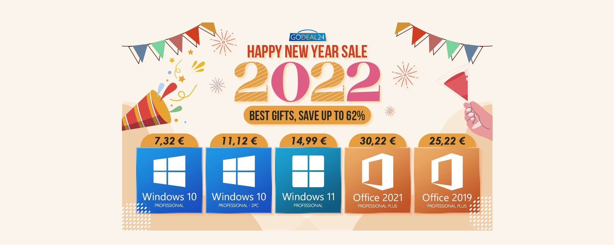 Saldi GoDeal24 di Capodanno: Windows 10 Pro 7,32€, Office 2021 Pro 15€