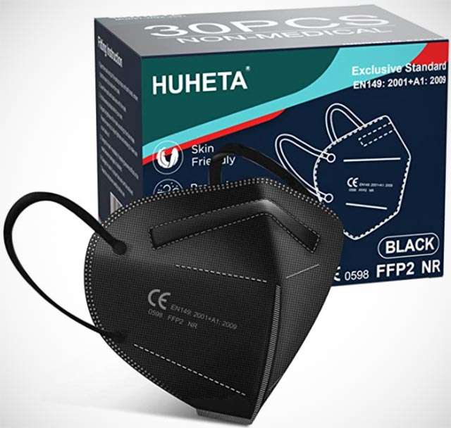 Le mascherine FFP2 nere di Huheta con certificazione CE
