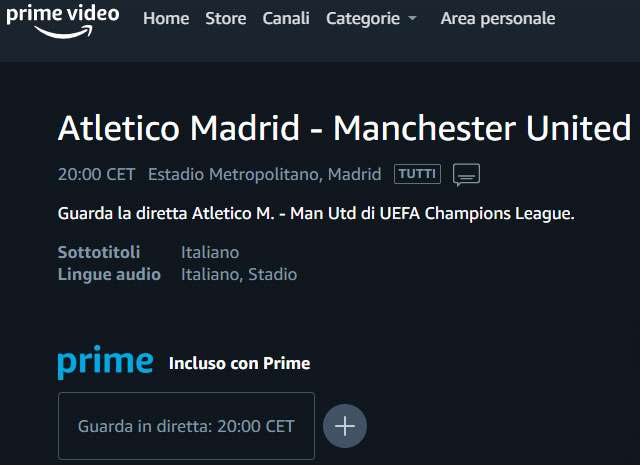 Atletico Madrid-Manchester United: la partita di Champions League in diretta streaming su Prime Video