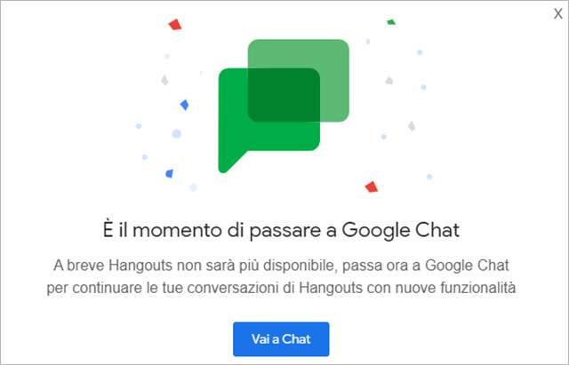 Il messaggio di Google che avvisa del passaggio da Hangouts a Chat