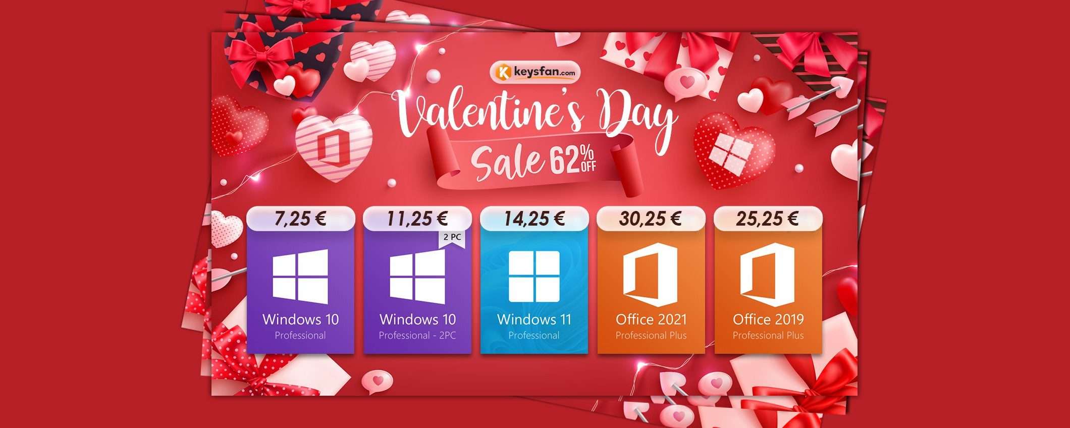 San Valentino su Keysfan: Windows 7,25€ e sconti del 62% su altri software