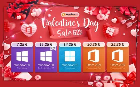 San Valentino su Keysfan: Windows 7,25€ e sconti del 62% su altri software