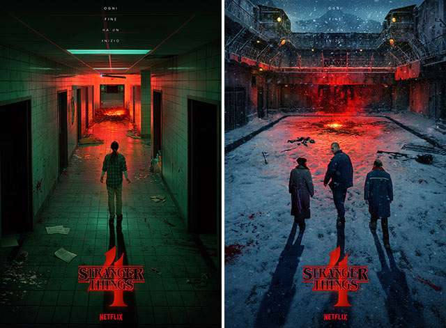 Le locandine di Netflix per Stranger Things 4: Lab (sinistra) e Russia (destra)