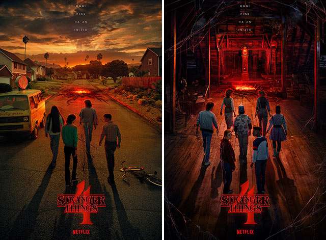 Le locandine di Netflix per Stranger Things 4: California (sinistra) e Creel House (destra)