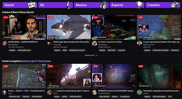 La homepage di Twitch