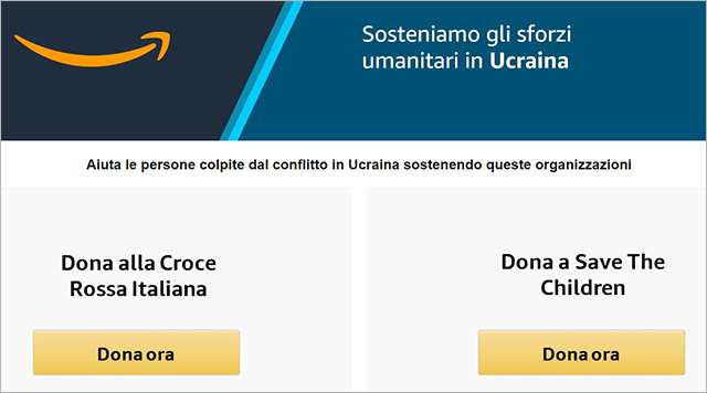 Amazon per l'Ucraina: invia una donazione a Croce Rossa Italiana o Save the Children
