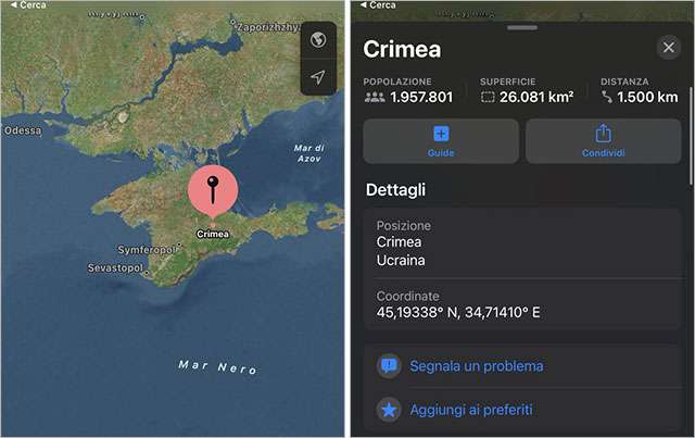 Secondo le Mappe di Apple, la Crimea è parte dell'Ucraina