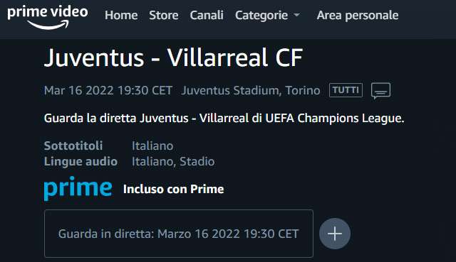 UEFA Champions League Juventus-Villarreal Streaming Gratis en Prime Video