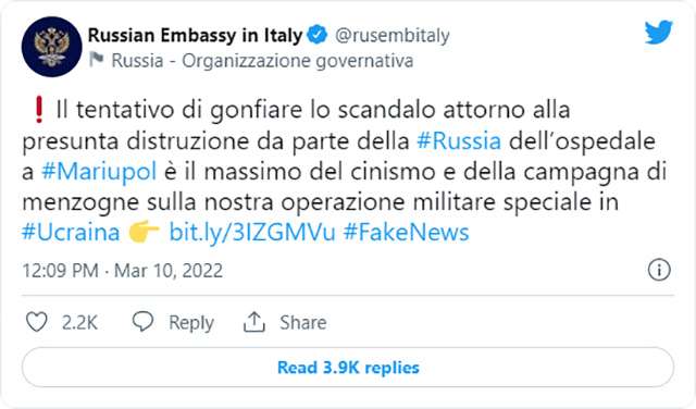 Il post dell'ambasciata russa in Italia sul bombardamento dell'ospedale di Mariupol