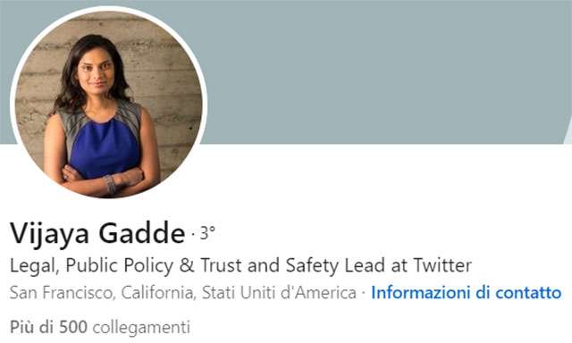 Il profilo di Vijaya Gadde su LinkedIn