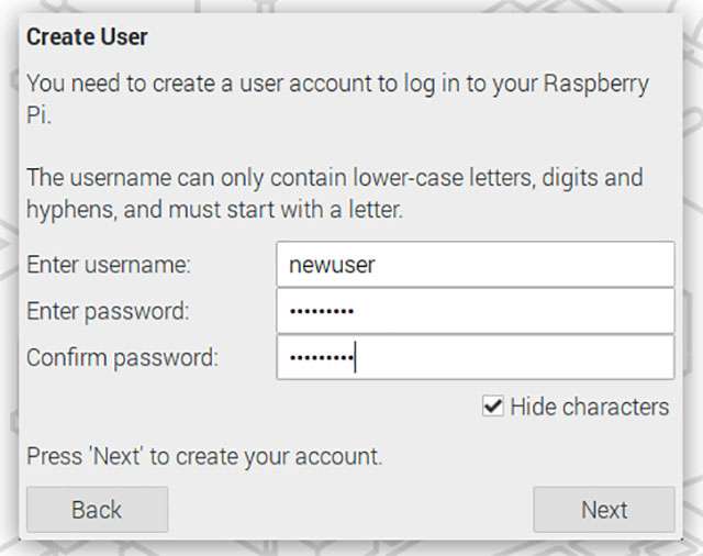 La creazione di un utente all'installazione di Raspberry Pi OS