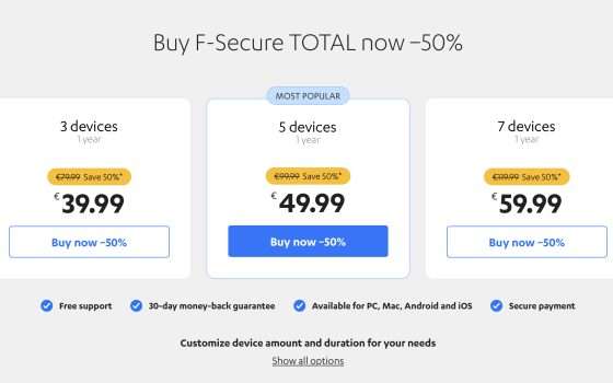 Antivirus F-Secure TOTAL in offerta al 50% di sconto su tutti i piani