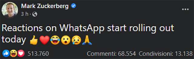 Il post Facebook di Mark Zuckerberg che conferma l'arrivo delle reazioni su WhatsApp, per tutti