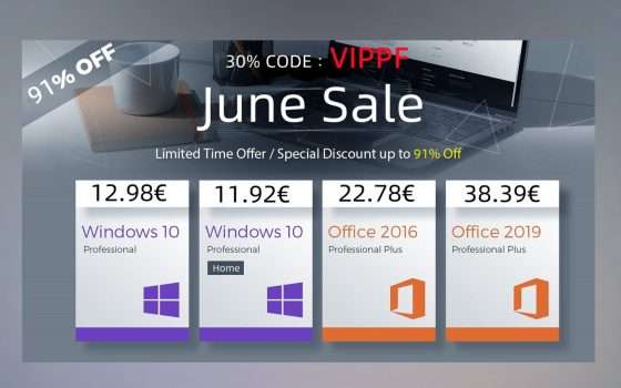Licenze genuine Windows 10 12€, Office 22€: offerte di giugno -91%