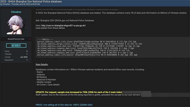 Il post originale di ChinaDan su Breach Forums