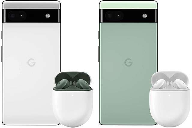 Lo smartphone Pixel 6a (Grigio Chiaro) con gli auricolari Pixel Buds A-Series (Verde Oliva)