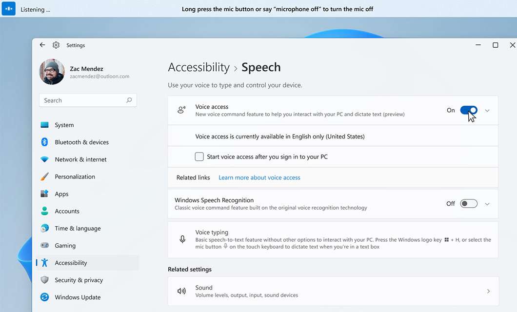 Windows 11 2022 Update, Windows Settings for Speech