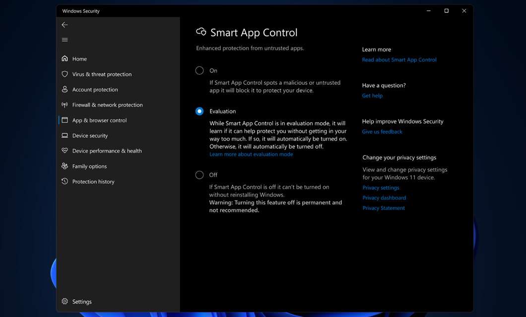 Windows 11 2022 Update, impostazioni Smart App Control