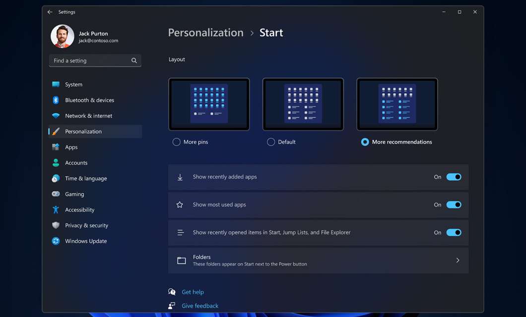 Windows 11 2022 Update, personalizzazione menu Start