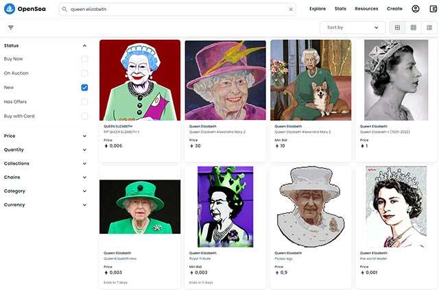 Alcuni degli NFT ispirati alla regina Elisabetta in vendita su OpenSea