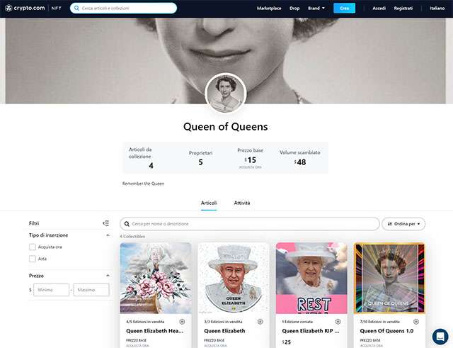 Alcuni degli NFT dedicati alla regina Elisabetta II in vendita sul marketplace di Crypto.com