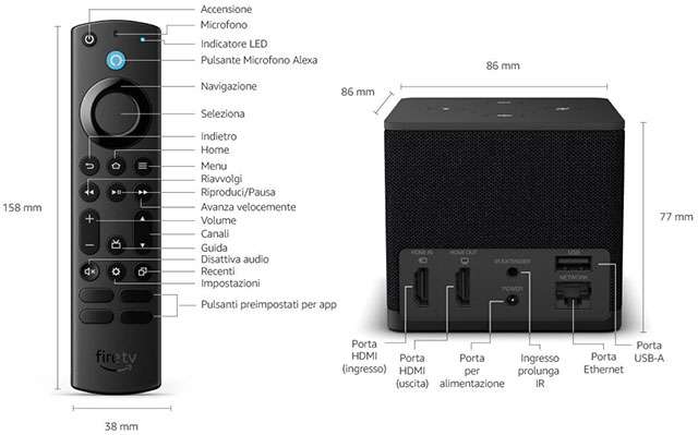 Il design del nuovo Fire TV Cube di Amazon e del telecomando in dotazione