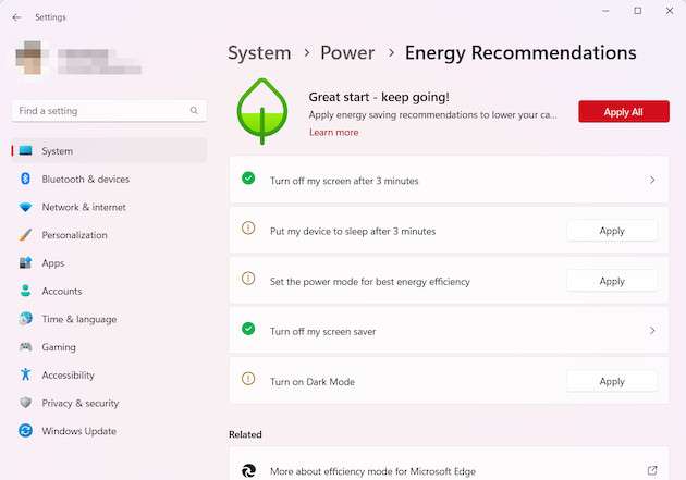 Windows 11 Raccomandazioni sull'energia