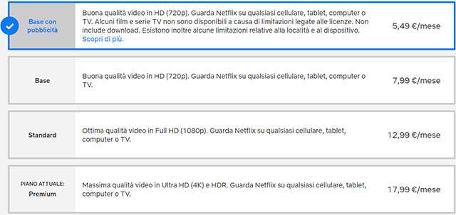 Le quattro formule di abbonamento a Netflix disponibili in Italia