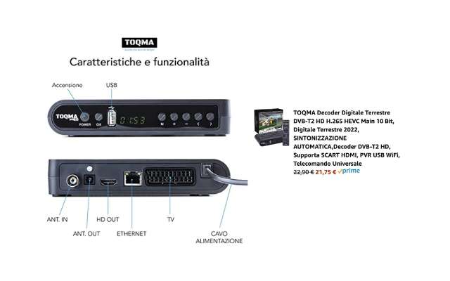 TOQMA Decoder Digitale DVB-T2 HD H.265 HEVC 10bit – Registra Su USB, HDMI, Telecomando Incluso