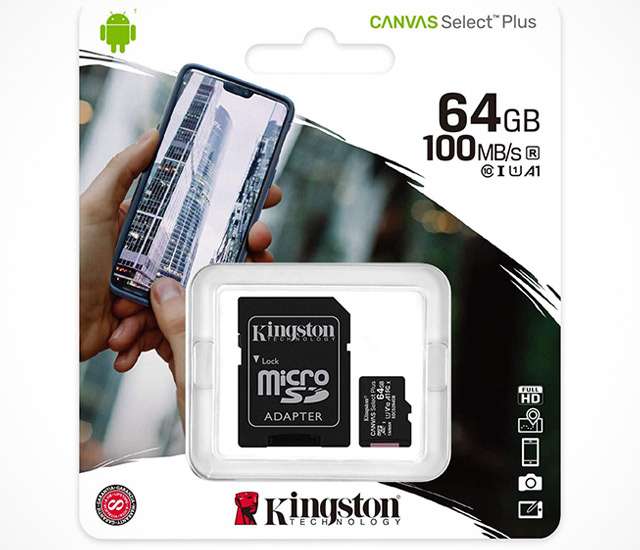 La scheda microSD da 64 GB della serie Kingston Canvas Select Plus con adattatore SD