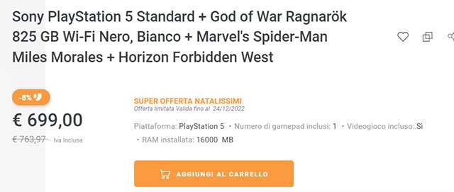Il bundle di PS5 in vendita sullo store online di Unieuro