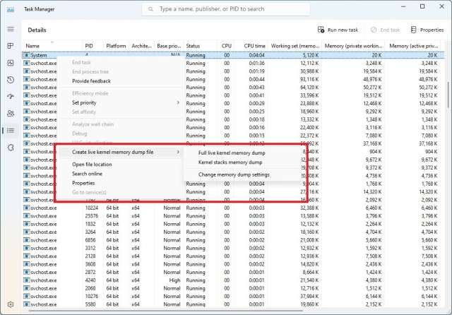 Task Manager - dump kernel