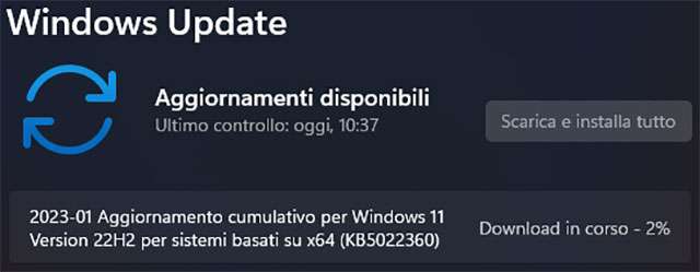 L'aggiornamento opzionale KB5022360 per Windows 11