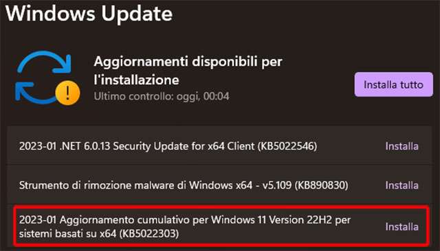 L'aggiornamento KB5022303 è il Patch Tuesday per la versione 22H2 di Windows 11