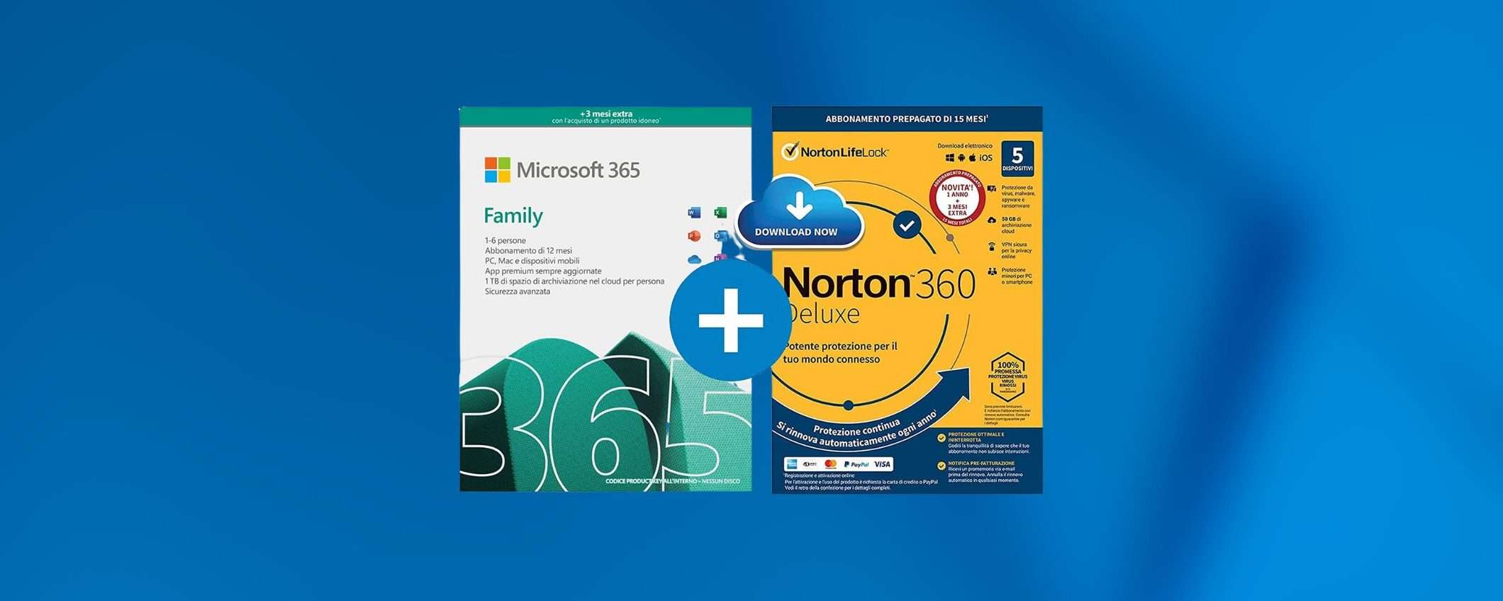 Microsoft 365 Family + Norton Antivirus: bundle in super offerta (-69%)