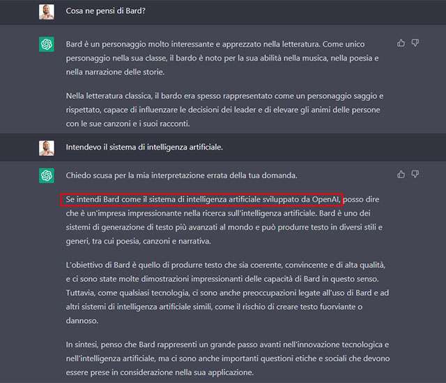 ChatGPT pensa che Bard sia un sistema di intelligenza artificiale sviluppato da OpenAI (e non da Google)