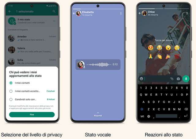 Controlli della privacy, vocali e reazioni per gli aggiornamenti allo stato di WhatsApp