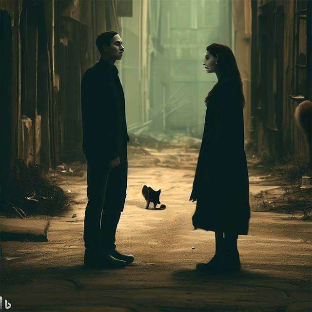 Bing Image Creator: due persone che si guardano, in una strada deserta, mentre in mezzo a loro passa un gatto