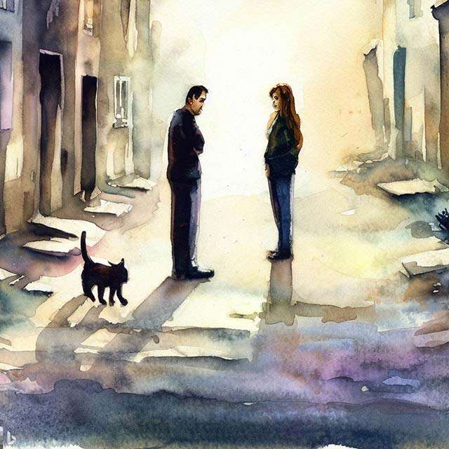 Bing Image Creator: due persone che si guardano, in una strada deserta, mentre in mezzo a loro passa un gatto (acquerello)