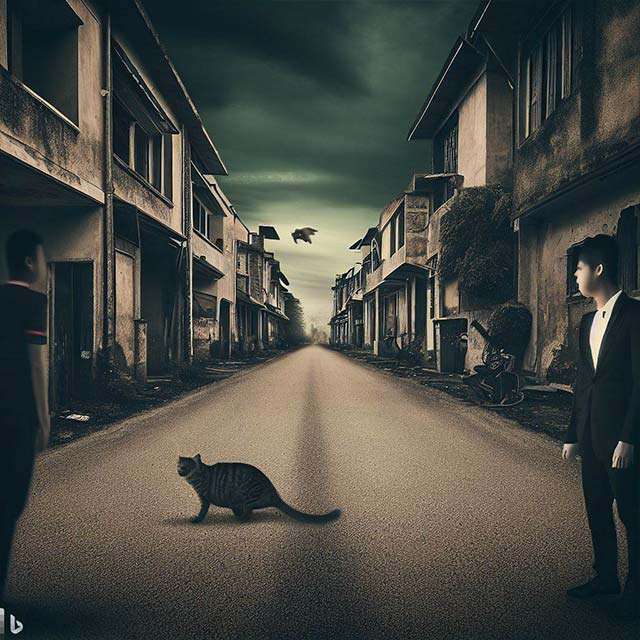 Bing Image Creator: due persone che si guardano, in una strada deserta, mentre in mezzo a loro passa un gatto (surrealismo)
